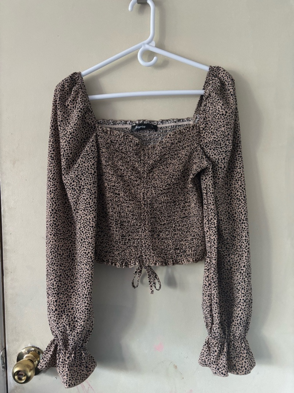 Unlisted Beige and Black Dotted Smocked Long Sleeve Crop Blouse